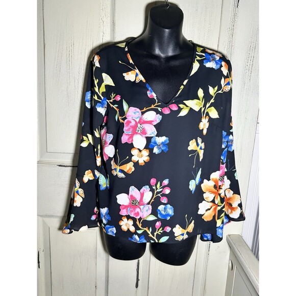 INC XS Top Low V Cut Floral Prints Long Bell Sleeves Sheer Lightweight - Picture 9 of 9